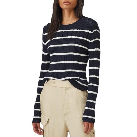 Tuckernuck Sweaters - Equipment Femme Cotton Cashmere Stripe Ribbed Knit Button Shoulder Sweater - L